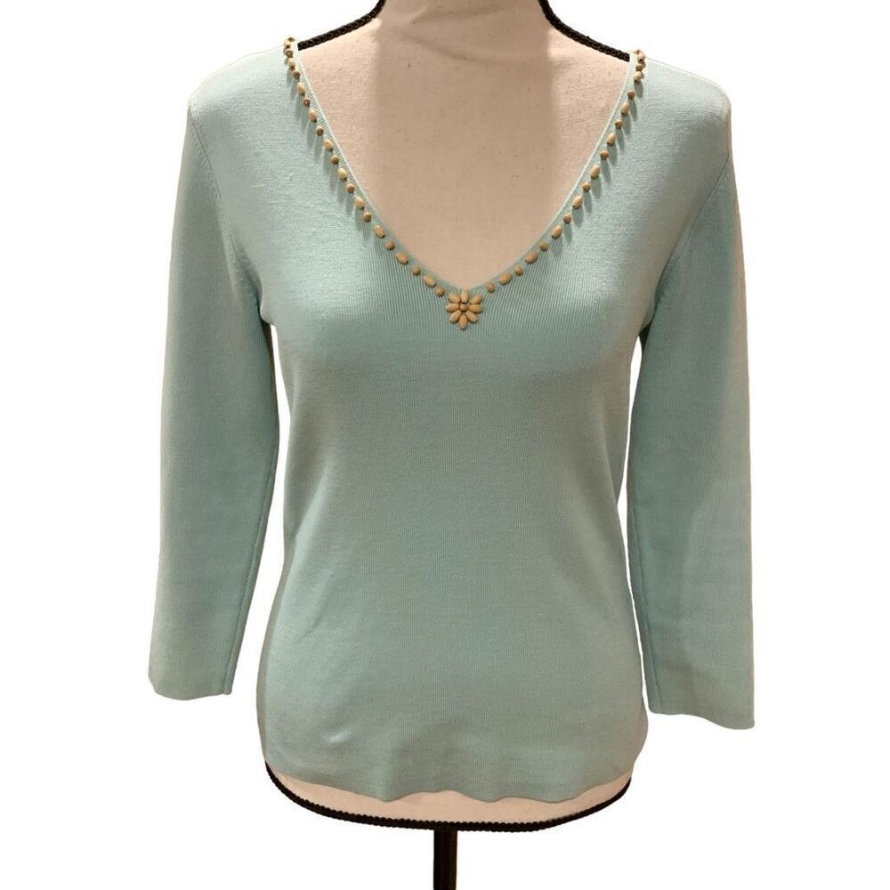 Tahari Arthur Levine‎ Top Silk Blend Embellished V-Neck 3/4 Slv Pastel Green Sm.